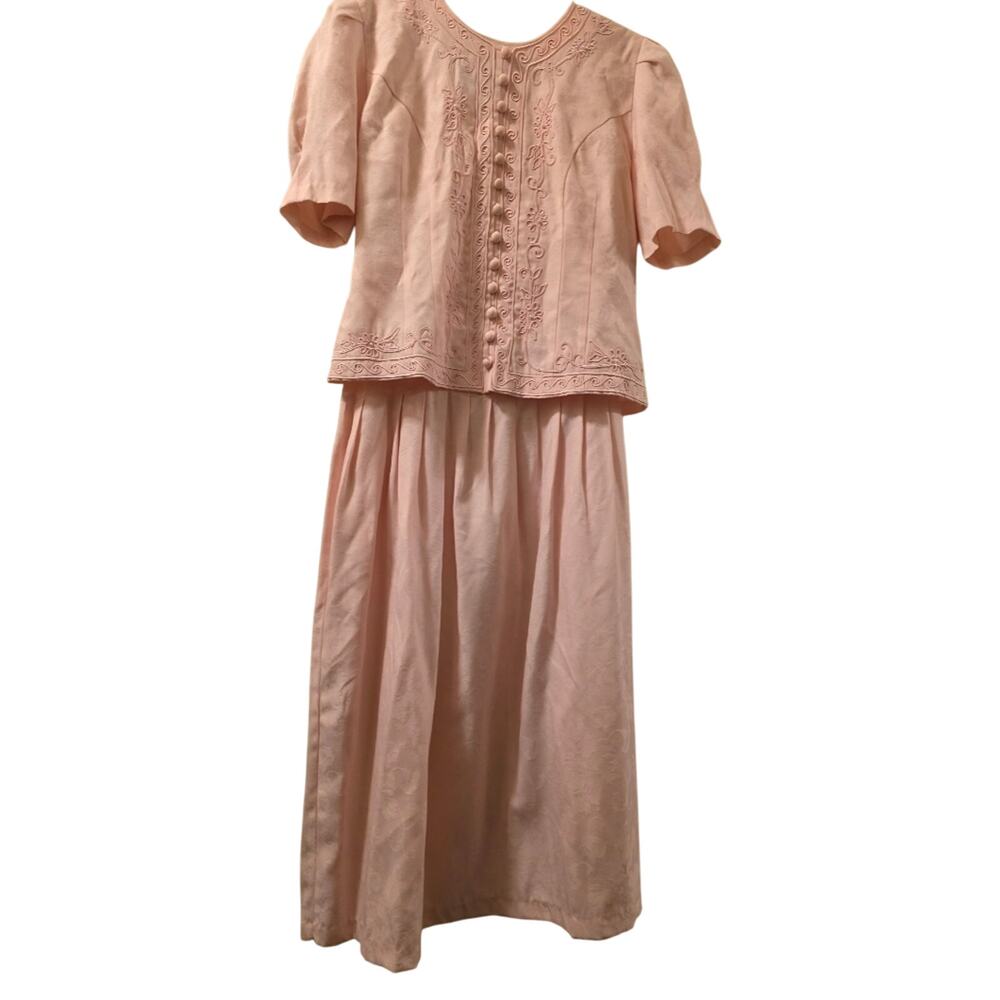 Vtg 80s Womens Rose Print Midi Dress Layered One Piece Embroidered Karen Stevens